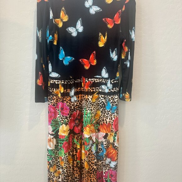 Johnny Was Sandra Multicolor Butterflies Floral Tiered V-Neck Dress 3/4 Sleeve - Picture 3 of 9